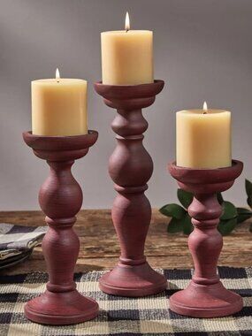 Seasonal Abode Set 3 Burgundy Wood Candle Holders Home Decor NWT